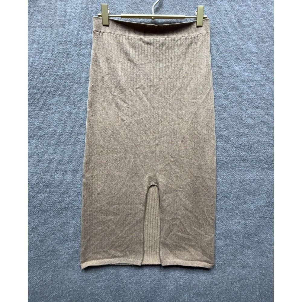 Free People Skyline‎ Midi Skirt Linerless Beige Ribbed Knit Slit Hem Medium EUC